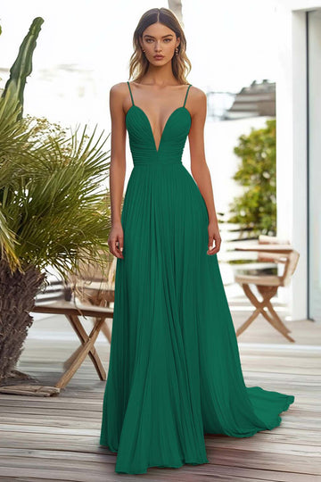 Dark Green Chiffon A Line Spaghetti Straps Pleated Long Wedding Guest Dress